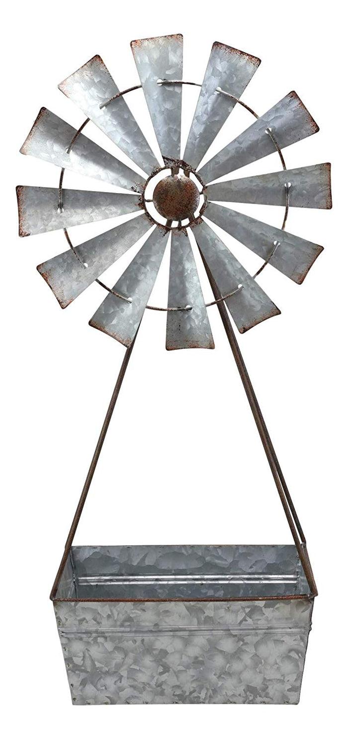 Vintage Galvanized Metal Windmill Wall Hanging Basket Planter Mail Holder 25"H