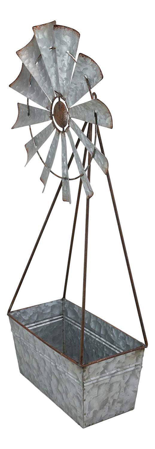 Vintage Galvanized Metal Windmill Wall Hanging Basket Planter Mail Holder 25"H