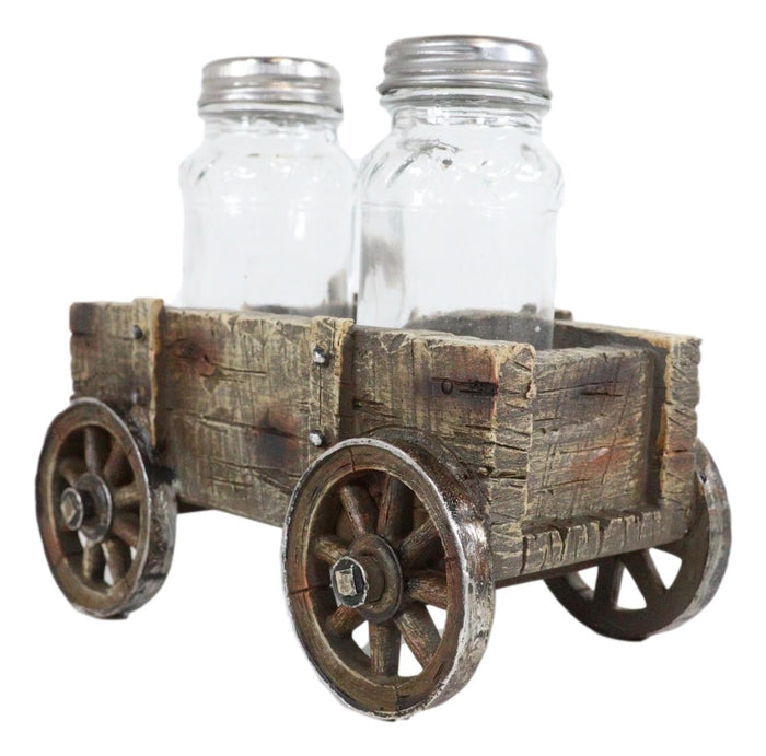 Vintage Old Fashioned Faux Wood Rustic Wagon Cart Salt Pepper Shakers Holder Set
