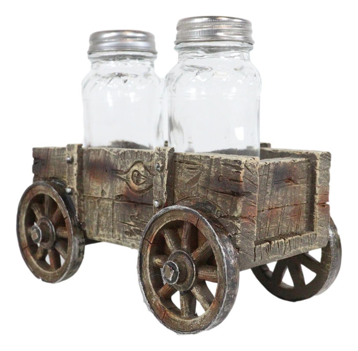 Vintage Old Fashioned Faux Wood Rustic Wagon Cart Salt Pepper Shakers Holder Set