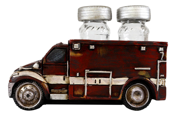 Vintage Red Ambulance Truck Figurine Holder For Glass Salt And Pepper Shakers