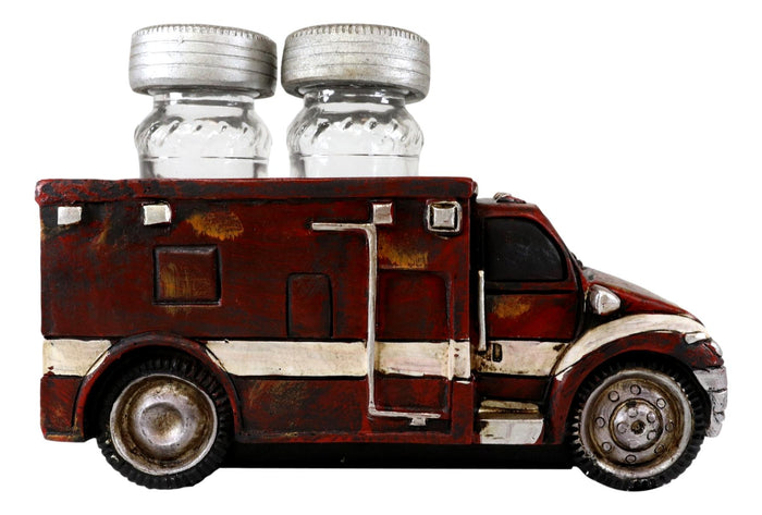 Vintage Red Ambulance Truck Figurine Holder For Glass Salt And Pepper Shakers