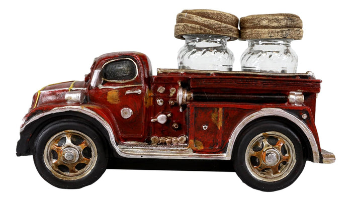 Vintage Red Fire Truck Engine Figurine Holder For Glass Salt And Pepper Shakers