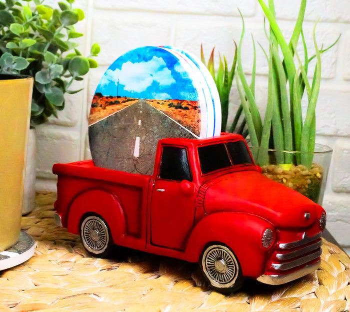Vintage Red Pickup Truck Hauling Road Trip Route 66 Decal Coasters Figurine Set