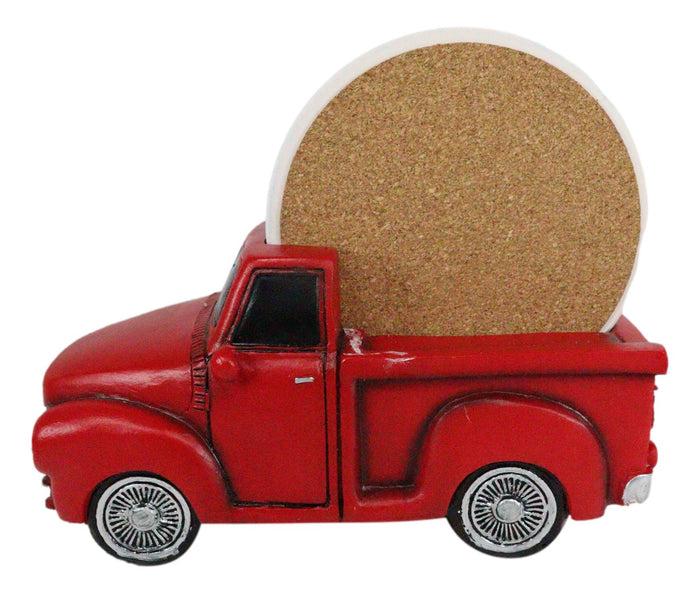 Vintage Red Pickup Truck Hauling Road Trip Route 66 Decal Coasters Figurine Set