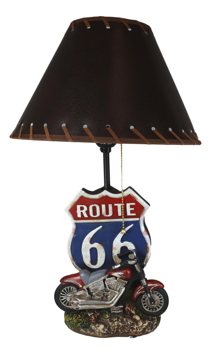 Vintage Retro Red Motorcycle By Route 66 Highway Sign Desktop Table Lamp 19"Tall