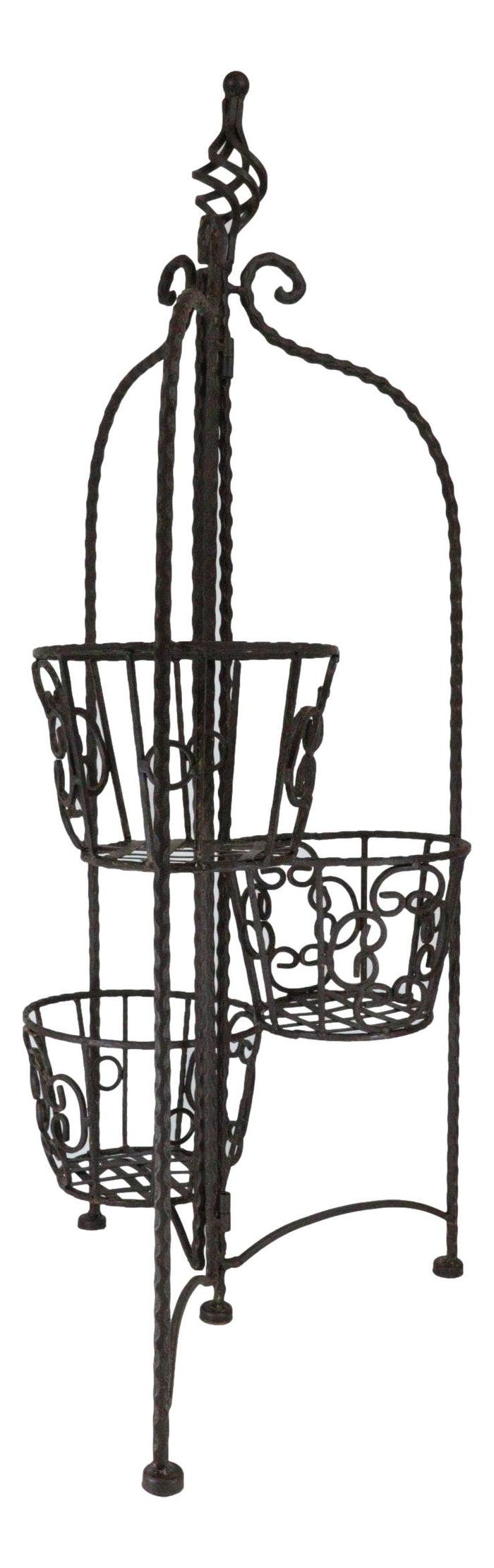Vintage Rust Finish French Cottage Scroll Metal 3 Tiered Folding Plant Stand