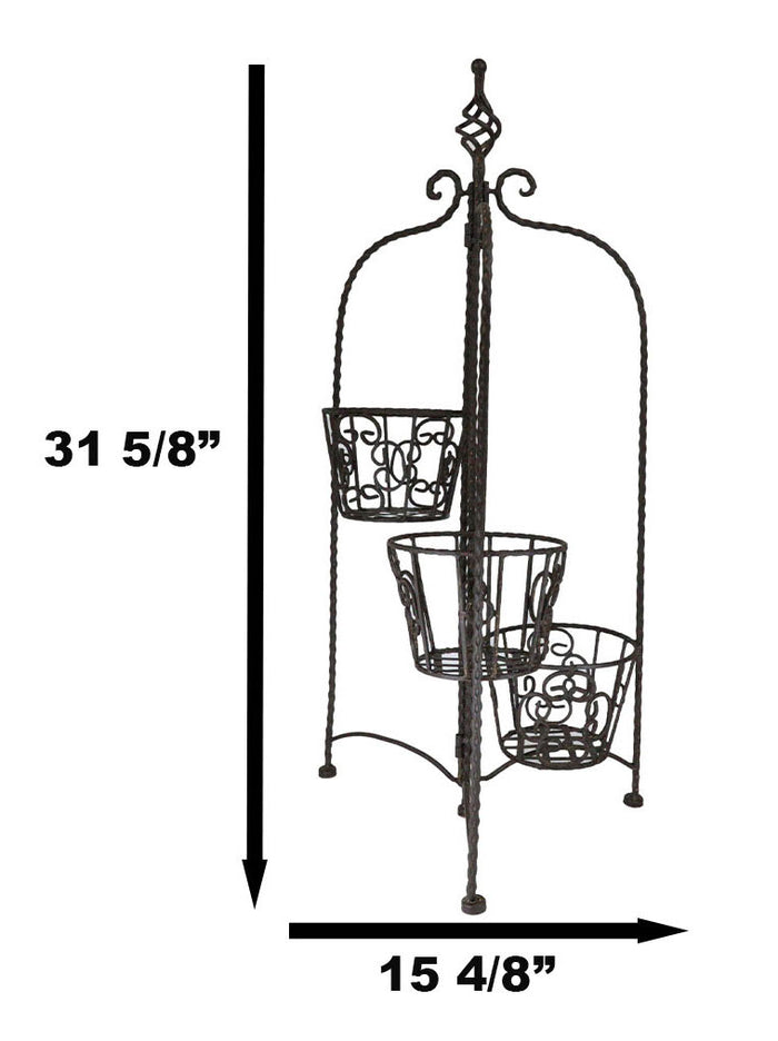 Vintage Rust Finish French Cottage Scroll Metal 3 Tiered Folding Plant Stand