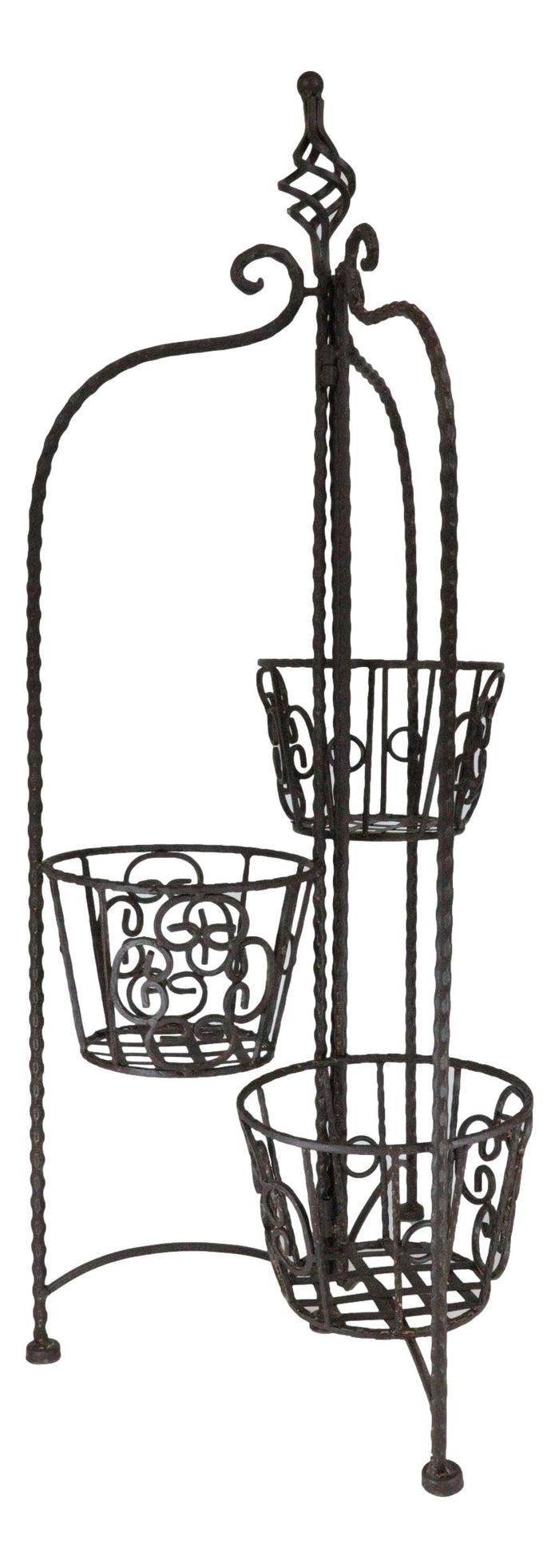 Vintage Rust Finish French Cottage Scroll Metal 3 Tiered Folding Plant Stand