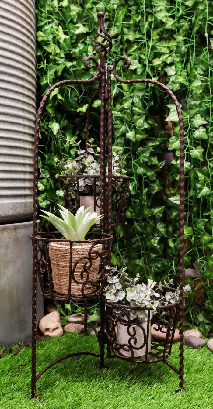 Vintage Rust Finish French Cottage Scroll Metal 3 Tiered Folding Plant Stand