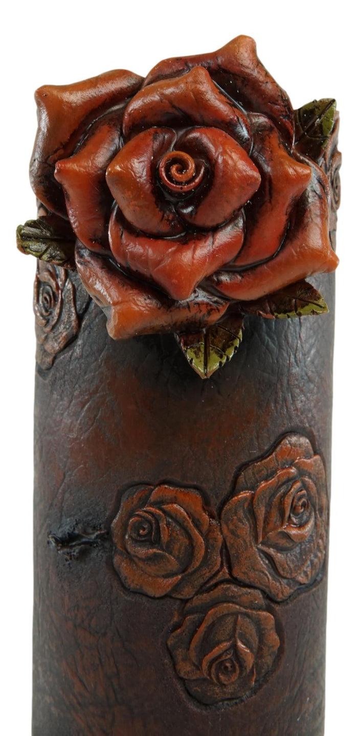 Vintage Western Blooming Floral Red Roses Faux Tooled Leather Flower Tube Vase