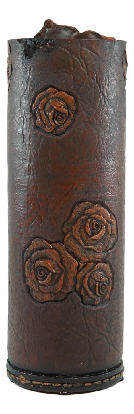 Vintage Western Blooming Floral Red Roses Faux Tooled Leather Flower Tube Vase