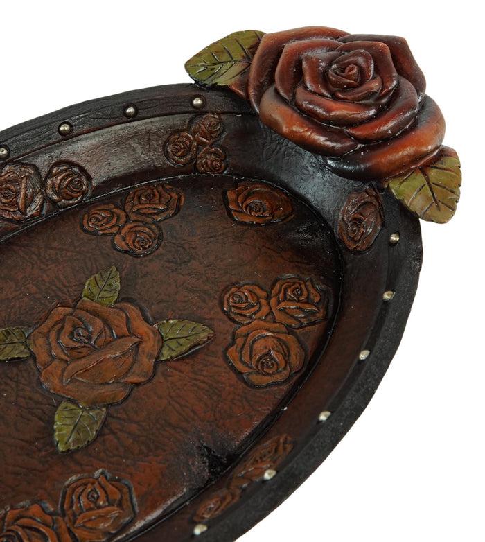 Vintage Western Red Roses Faux Tooled Leather Jewelry Tray Fruit Platter Dish