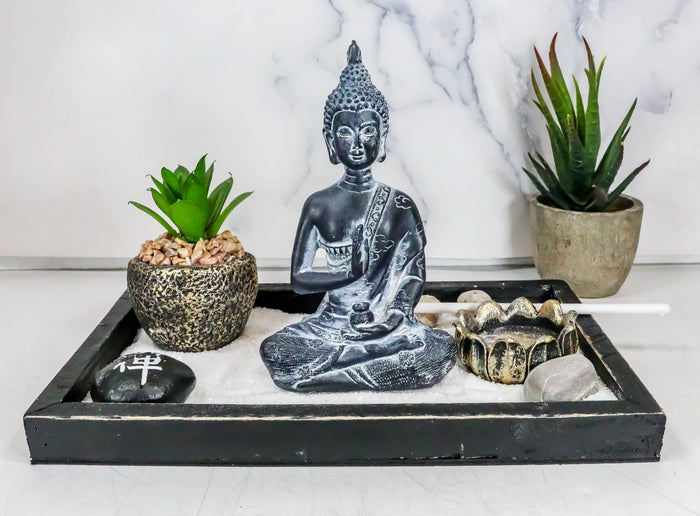 Vitarka Mudra Buddha Zen Garden With Lotus Candle Holder Sand Faux Succulent Vitarka Mudra Buddha Zen Garden With Lotus Candle Holder Sand Faux Succulent