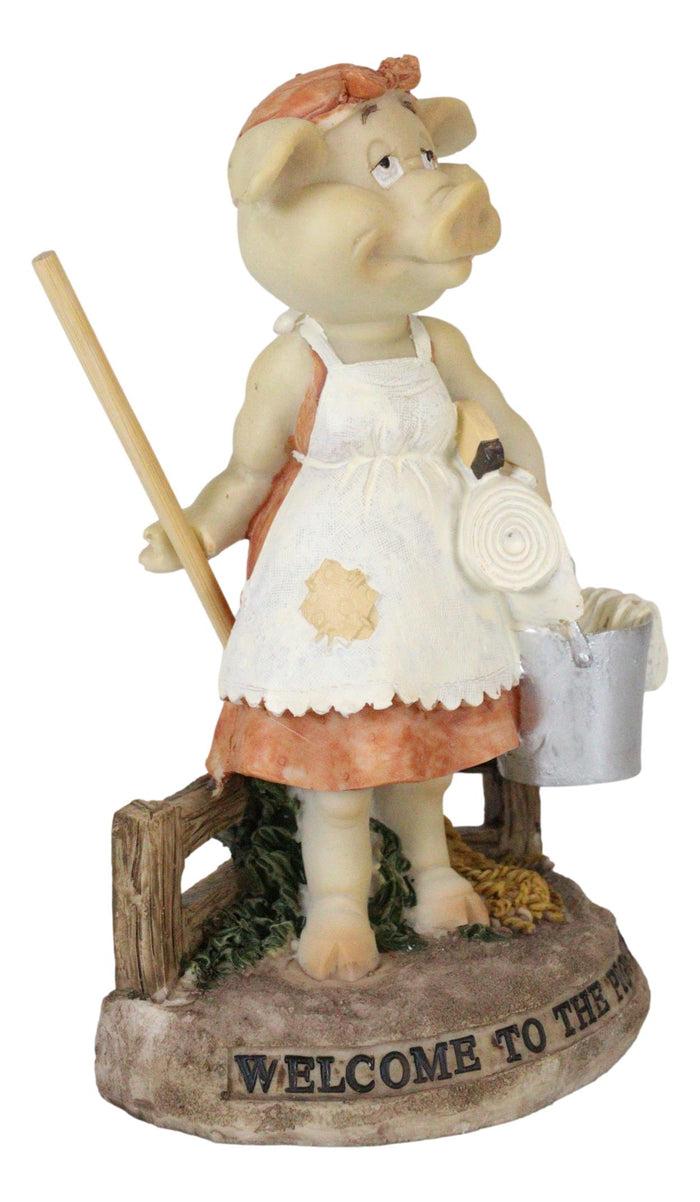 Welcome To The Pigsty Whimsical Cinderella Pig Carrying A Pail And Mop Figurine