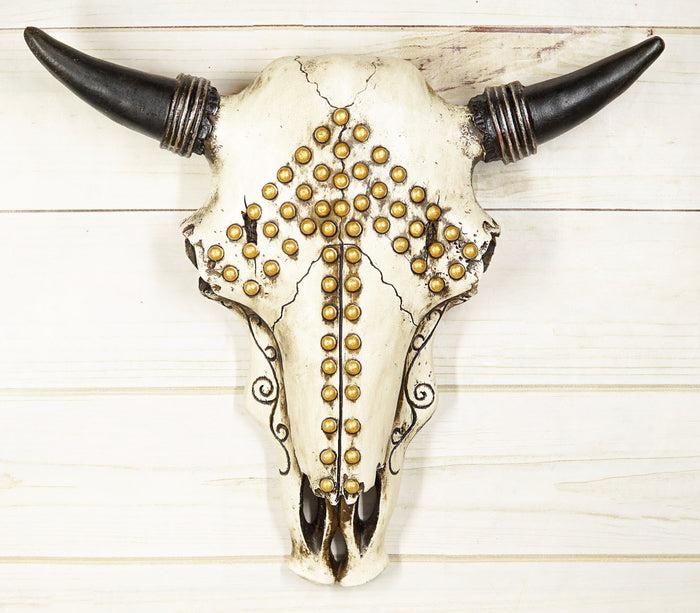 Western Bejeweled Bull Bison Cow Skull W/ Gold Beads Up Arrow Wall Decor Plaque