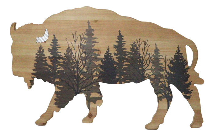 Western Bison Buffalo With Forest Silhouette Wooden Plank Cutout Wall Decor Western Bison Buffalo With Forest Silhouette Wooden Plank Cutout Wall Decor