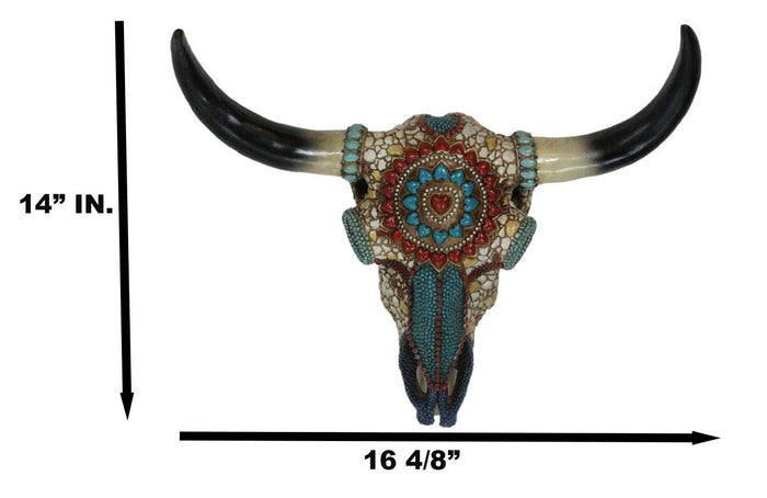 Western Bison Steer Bull Cow Skull With Floral Turquoise Rocks Beads Wall Decor
