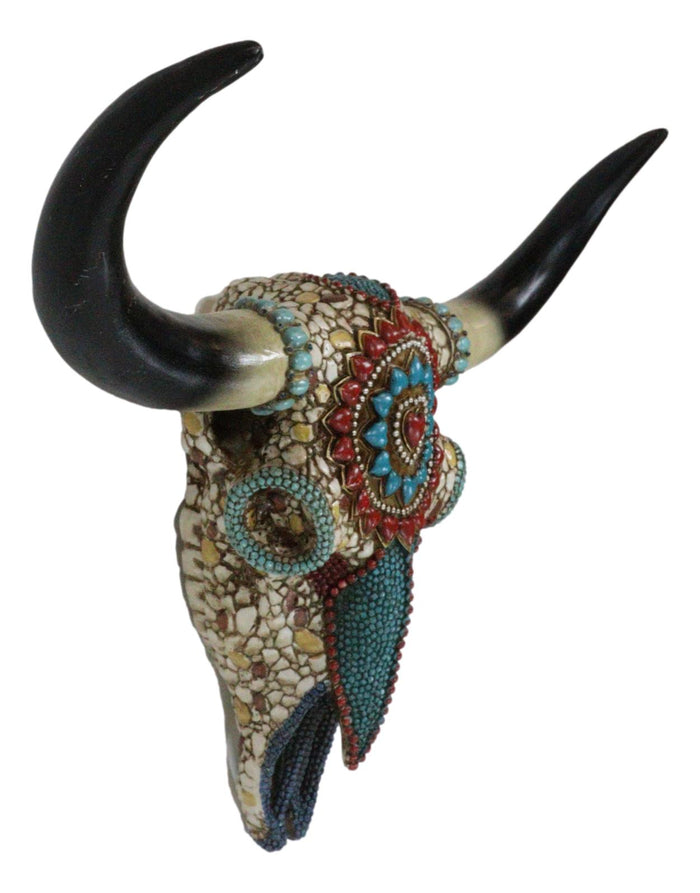 Western Bison Steer Bull Cow Skull With Floral Turquoise Rocks Beads Wall Decor