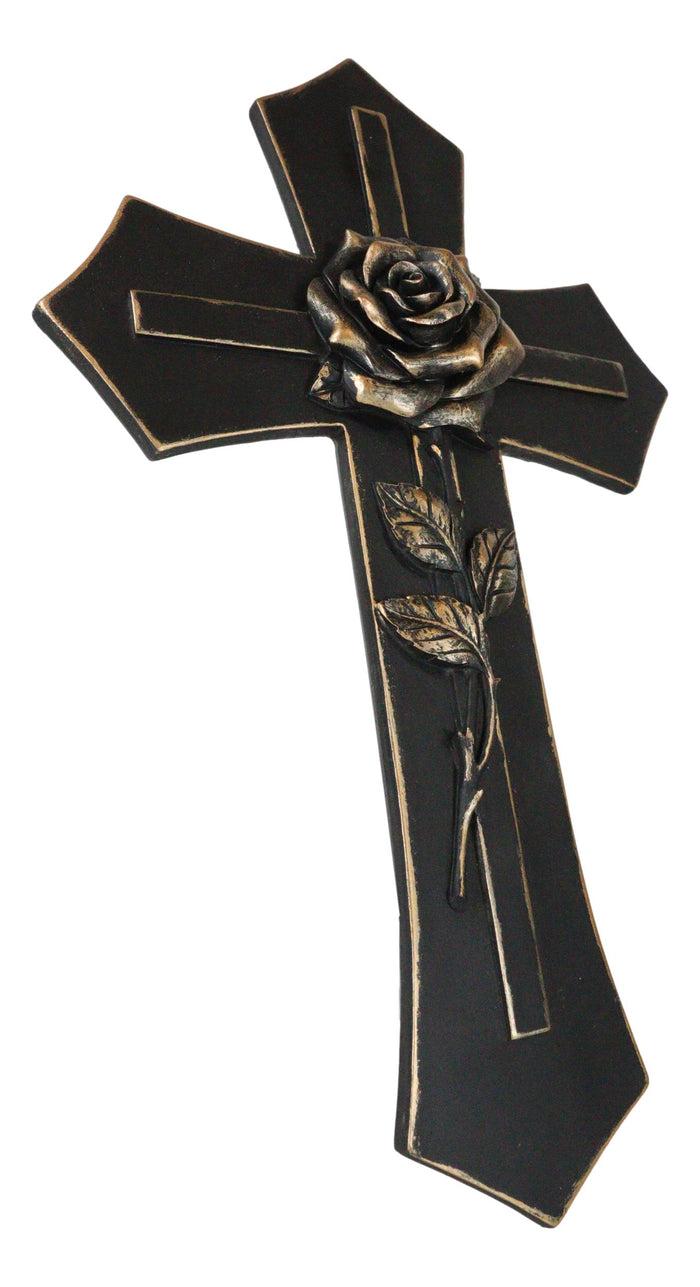Western Black And Bronze Blooming Rose Stalk Petals Cross Wall Crucifix Plaque