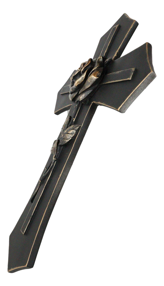 Western Black And Bronze Blooming Rose Stalk Petals Cross Wall Crucifix Plaque