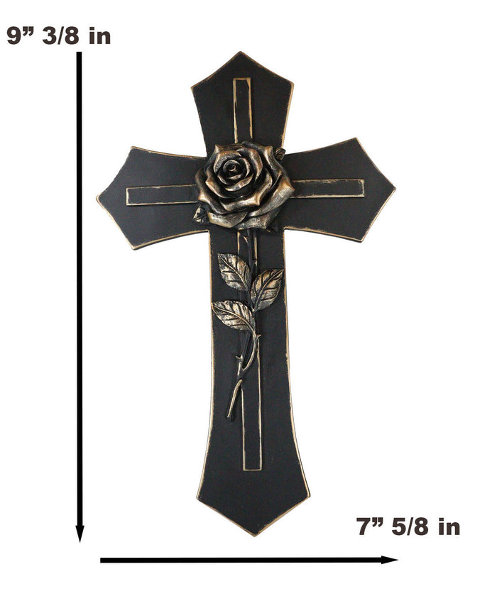 Western Black And Bronze Blooming Rose Stalk Petals Cross Wall Crucifix Plaque