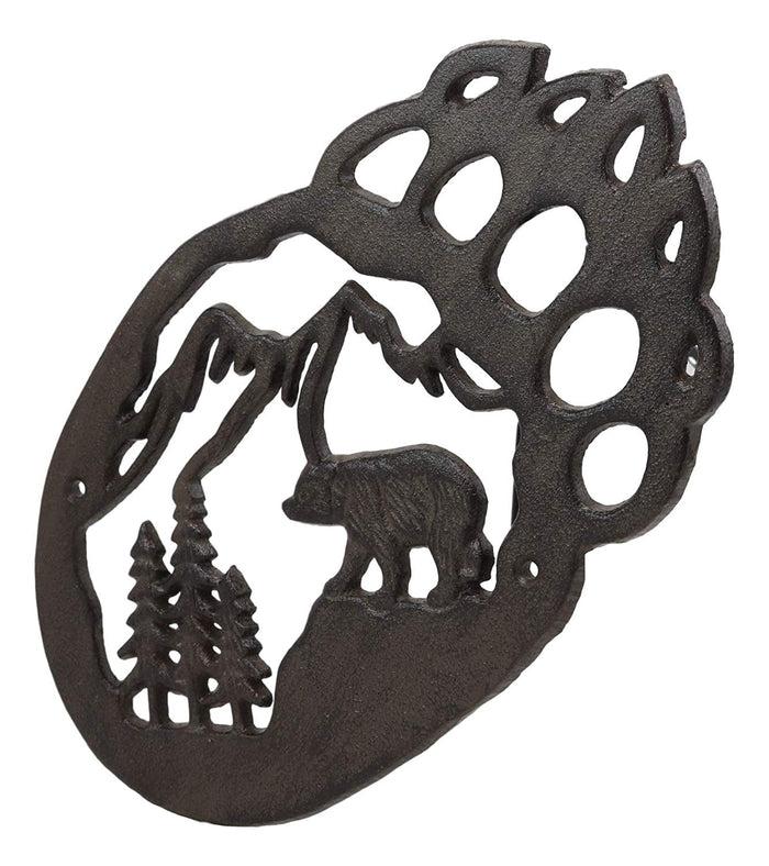 Western Black Bear Paw With Pine Tree Forest And Mountain Cast Iron Wall Decor
