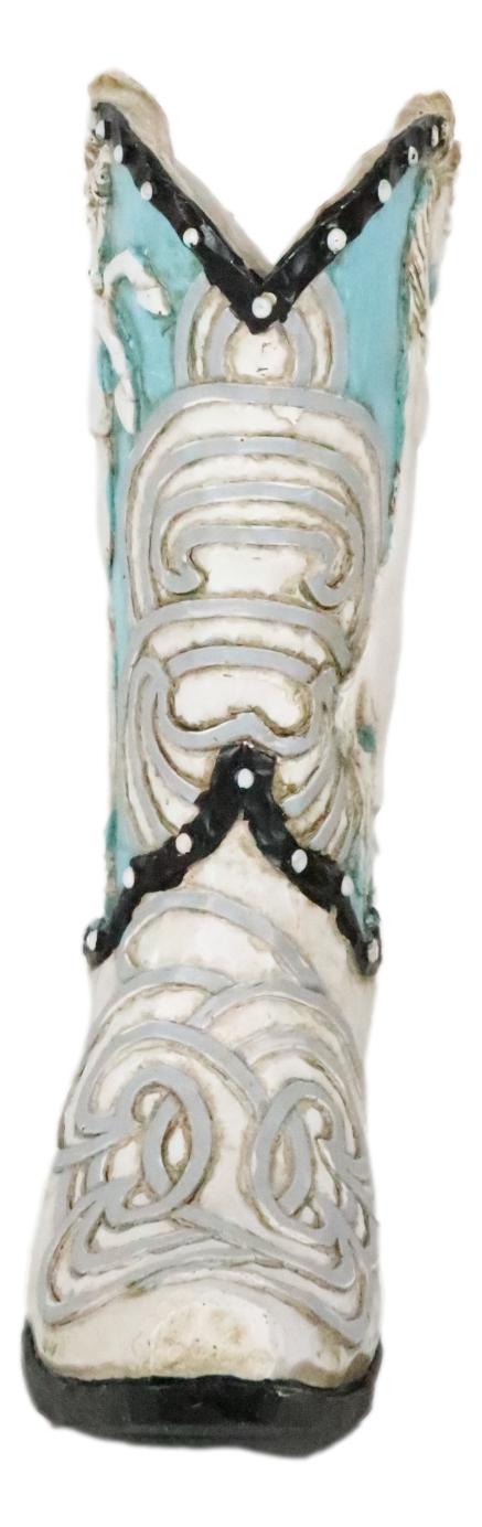 Western Blue And White Prancing Horse Cowboy Cowgirl Boot Vase Planter Figurine