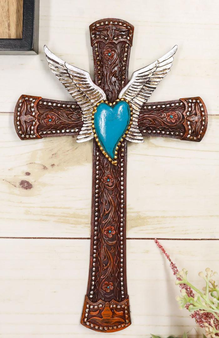 Western Boho Chic Turquoise Heart Angel Wings Tooled Floral Leather Wall Cross