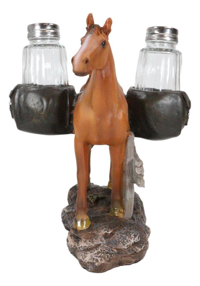 Western Brown Stallion Horse With Saddlebags Salt Pepper Shakers Holder Figurine