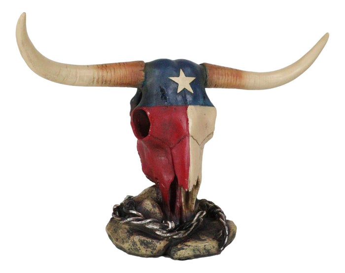 Western Bull Cow Steer Skull With Texas Lone Star State Flag Desktop Figurine