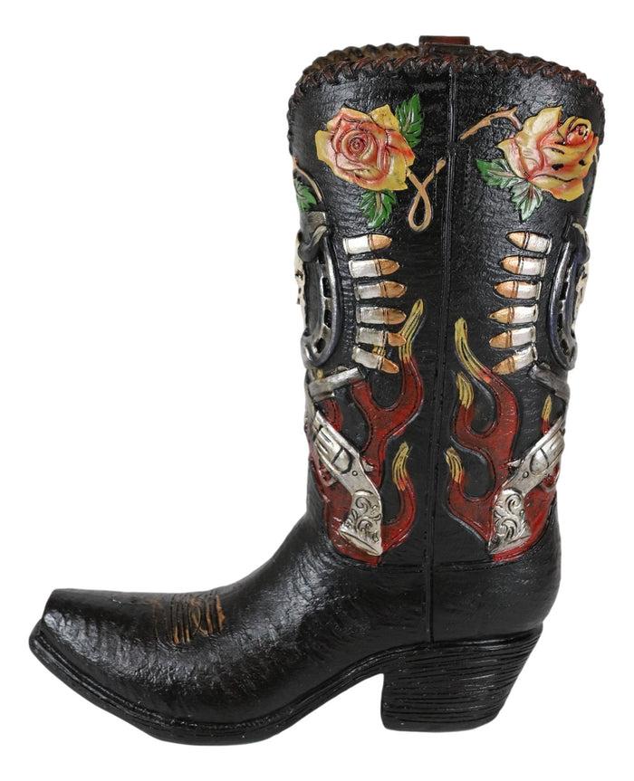 Western Bull Skull Roses Six Shooters And Fire Cowboy Boot Vase Planter Figurine