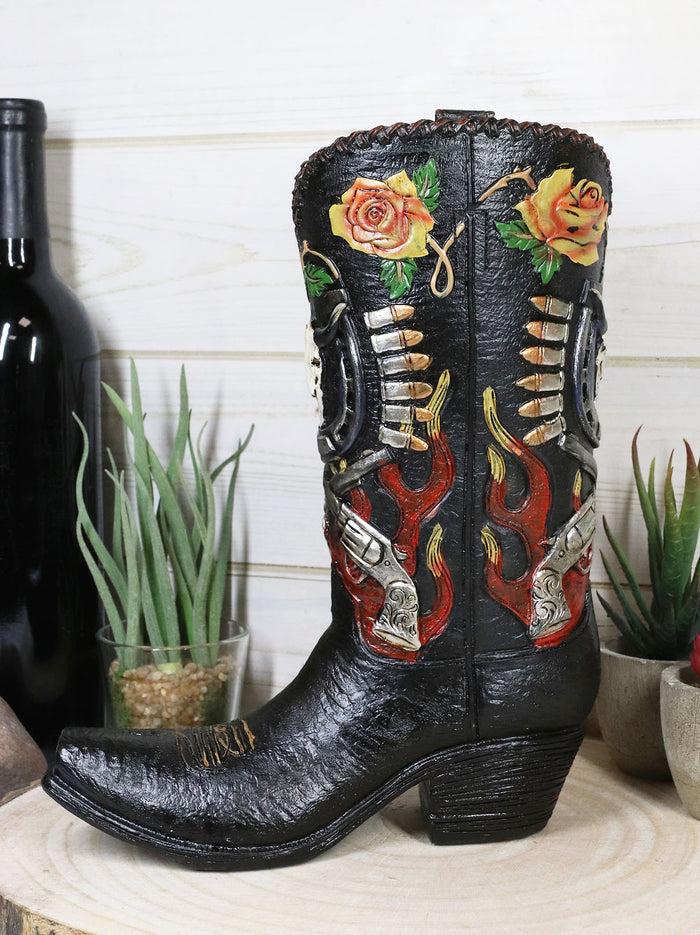 Western Bull Skull Roses Six Shooters And Fire Cowboy Boot Vase Planter Figurine
