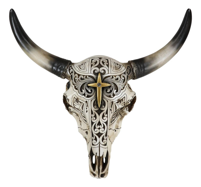 Western Bull Steer Bison Cow Skull Filigree With Gold Cross Wall Decor Figurine
