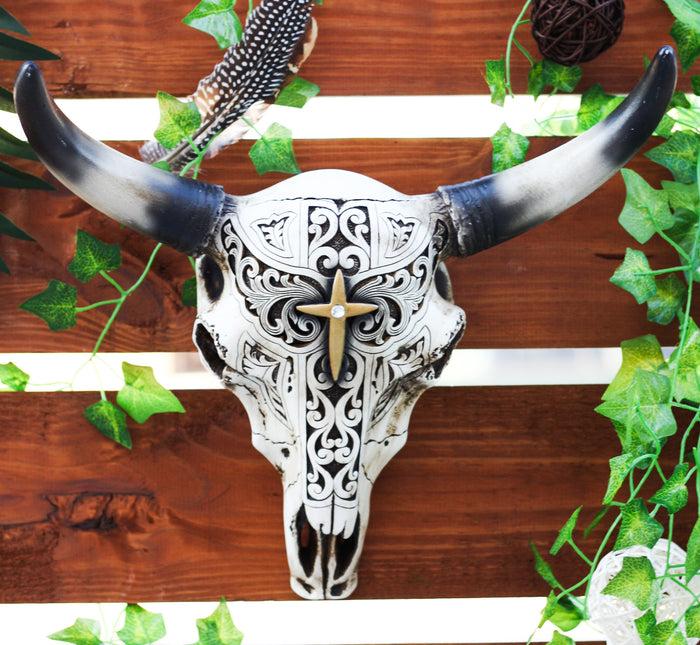 Western Bull Steer Bison Cow Skull Filigree With Gold Cross Wall Decor Figurine