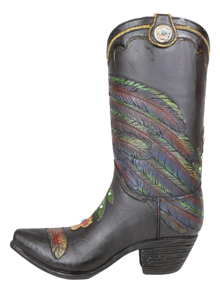 Western Country Floral Rooster Faux Tooled Leather Cowboy Boot Vase Figurine