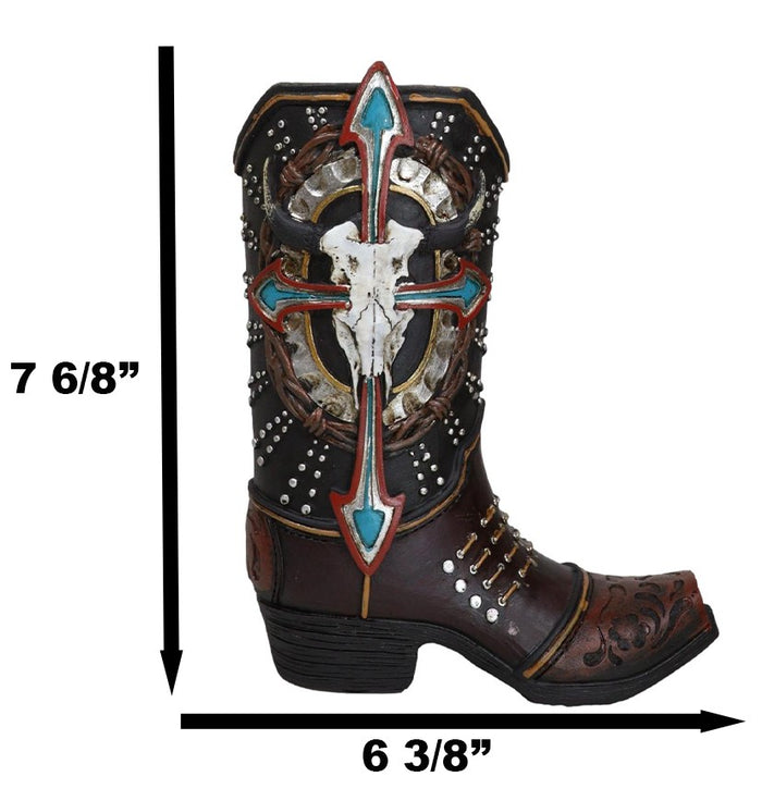 Western Cow Skull Turquoise Cross And Barbed Wires Cowboy Boot Vase Figurine