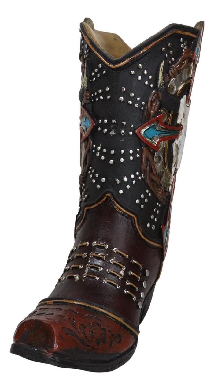 Western Cow Skull Turquoise Cross And Barbed Wires Cowboy Boot Vase Figurine