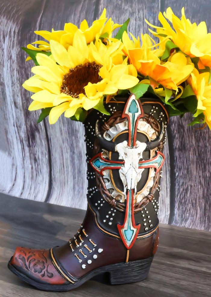 Western Cow Skull Turquoise Cross and Barbed Wires Cowboy Boot Vase Figurine Western Cow Skull Turquoise Cross and Barbed Wires Cowboy Boot Vase Figurine