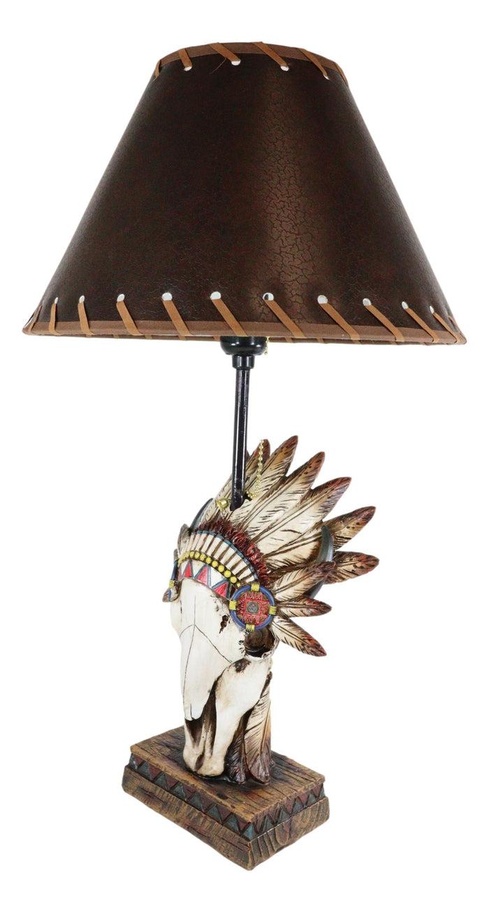 Western Cow Skull With Tribal Indian Chief Feathers Roach Headdress Table Lamp