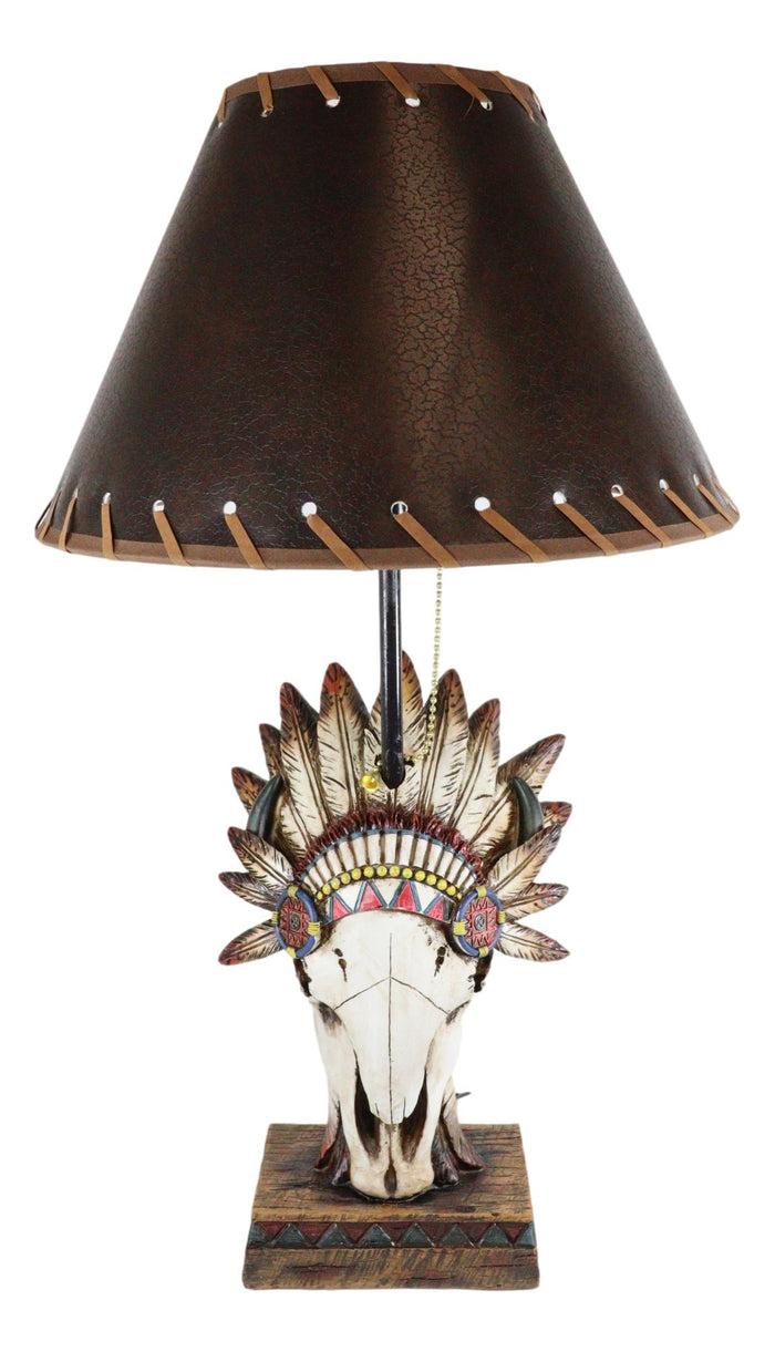Western Cow Skull With Tribal Indian Chief Feathers Roach Headdress Table Lamp