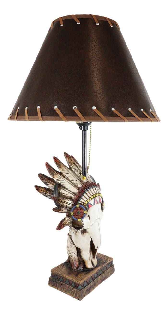 Western Cow Skull With Tribal Indian Chief Feathers Roach Headdress Table Lamp