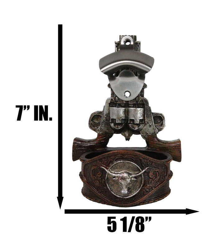 Western Cowboy 2 Gun Pistols Silver Texas Longhorn Concho Wall Bottle Cap Opener