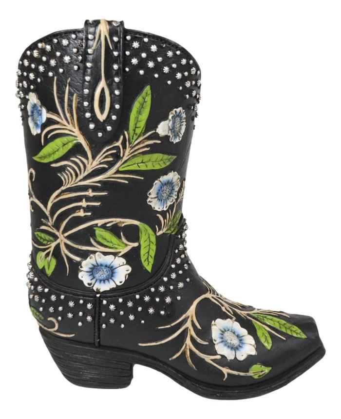 Western Cowboy Black Tooled Leather Floral Vines Cowboy Boot Pen Holder Vase