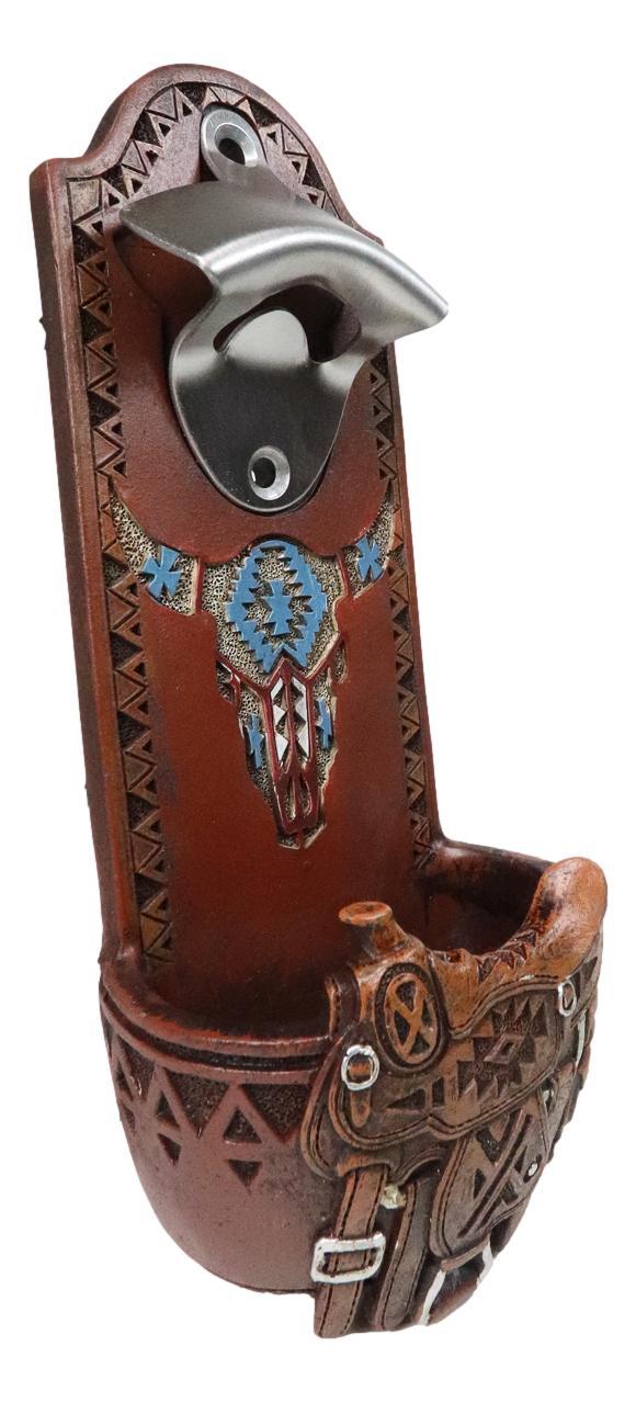 Western Cowboy Country Rustic Horse Saddle With Cow Skull Wall Bottle Opener