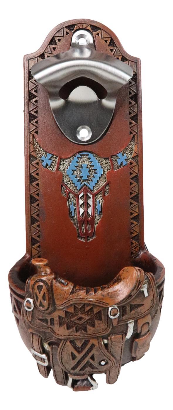 Western Cowboy Country Rustic Horse Saddle With Cow Skull Wall Bottle Opener Western Cowboy Country Rustic Horse Saddle With Cow Skull Wall Bottle Opener