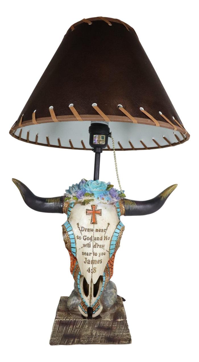 Western Cowboy Cow Skull With Floral Succulents Bible Verse Table Lamp Decor