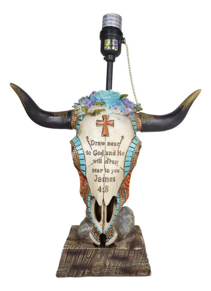 Western Cowboy Cow Skull With Floral Succulents Bible Verse Table Lamp Decor