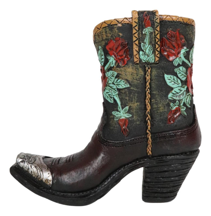 Western Cowboy Cowgirl Floral Red Roses Tooled Leather Boot Pen Holder Figurine