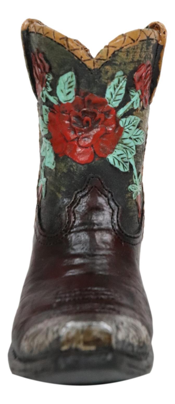Western Cowboy Cowgirl Floral Red Roses Tooled Leather Boot Pen Holder Figurine